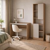 Bimossa T2120 Daffy Çalışma Masası ve Kitaplık Takımı Sepet-Kumtaşı Raflı Masa 2 Kapaklı 9 Bölmeli Kitaplık - 183x178x58 - Ahşap - Bej
