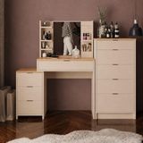 Bimossa T3080 Valeralı Izabel Makyaj Masası Seti Sepet-Kumtaşı - Aynalı, Raflı ve Geniş 5 Çekmeceli - Ahşap - Bej