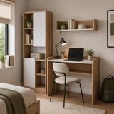Bimossa U2110 Daffy Çalışma Odası Takımı Sepet-Beyaz Çalışma Masası, 183CM Kitaplık ve Duvar Raflı 3lü Set - 183x178x58 - Ahşap - Beyaz