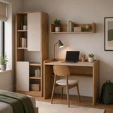 Bimossa U2120 Daffy Çalışma Odası Takımı Sepet-Kumtaşı Çalışma Masası, 183CM Kitaplık ve Duvar Raflı 3lü Set - 183x178x58 - Ahşap - Bej