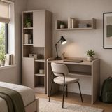 Bimossa U2130 Daffy Çalışma Odası Takımı Kumtaşı Çalışma Masası, 183 cm Kitaplık ve Duvar Raflı 3 Parça Set - 183x178x58 - Açık Gri