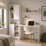 Bimossa U2140 Daffy Çalışma Odası Takımı Beyaz Çalışma Masası, 183 cm Kitaplık ve Duvar Raflı 3 Parça Set - 183x178x58