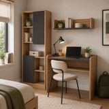 Bimossa U2160 Daffy Çalışma Odası Takımı Sepet-Antrasit Çalışma Masası, 183CM Kitaplık,duvar Rafı 3'lü Set - 183x178x58 - Renkli