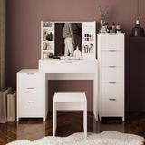 Bimossa U3050 Izabel Çekmeceli Dolaplı Tabureli Makyaj Masası Beyaz 3 Çekmeceli Aynalı Yan Dolaplı Raflı