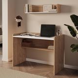 Bimossa V2110 Daffy Duvar Raflı Çalışma Masası Sepet-Beyaz 117,3CM Geniş Masa, 90CM Raflı Yuvarlak Köşeli - 118x80x58 - Ahşap - Beyaz