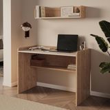 Bimossa V2120 Daffy Duvar Raflı Çalışma Masa Sepet-Kumtaşı 117,3CM Geniş Masa, 90CM Raflı ve Yuvarlak Köşeli - 118x80x58 - Ahşap - Bej