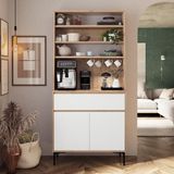 Bimossa Y6010 Alba 90 cm Beyaz-Sepet Ayaklı Kahve Köşesi Çok Amaçlı Kapaklı Raflı Mutfak ve Kiler Dolabı - Beyaz - Sepet Ceviz