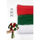 Bimotif 100lü tüylü tel şönil, 30 cm (40 adet Yeşil, 30 adet Kırmızı, 30 adet Beyaz, Çiçek Yapımına Uygun)