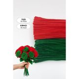 Bimotif 100lü tüylü tel şönil, 30 cm (50 adet Yeşil, 50 adet Kırmızı, Gül, Lale ve Çiçek Yapımına Uygun)