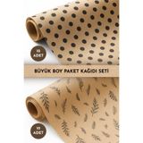 Bimotif 20li Büyük Paket Kağıdı Seti (70x100 cm), Kraft puantiye ve yaprak desenli ambalaj kağıdı seti