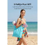 Bimotif 5 parça Plaj Seti, Açık Mavi Plaj Çantası (36x39 cm, %100 Pamuk) ve 4 adet Kilitli Muhafaza Poşeti
