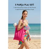 Bimotif 5 parça Plaj Seti, Fuşya Plaj Çantası (36x39 cm, %100 Pamuk) ve 4 adet Kilitli Muhafaza Poşeti