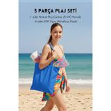 Bimotif 5 parça Plaj Seti, Koyu Mavi Plaj Çantası (36x39 cm, %100 Pamuk) ve 4 adet Kilitli Muhafaza Poşeti