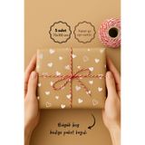 Bimotif 5li Büyük Boy Ambalaj, Paket Kağıdı, 70x100 cm Kalp Desenli, Kraft-Beyaz