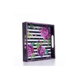 Bimotif Dekoratif Süs Tepsi, 20X4X20 Cm, Pembe Çiçek ve Çizgi