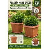 Binbirreyon 2 Adetli Kare Tabaklı Saksı Seti 7Lt 24x22cm Terracotta Kahverengi Plastik AH225