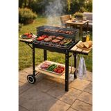Binbirreyon Tekerlekli Mangal Iki Ahşap Sehpalı Raflı 4 Adet Kancalı Kömürlü Mangal 94x85cm Af046