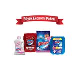 Bingo Büyük Ekonomi Paketi, Matik 9 kg Sık Yıkananlar Toz Deterjanı, Soft 5 L Lovely Yumuşatıcı, Bulaşık Sıvısı 4 kg, Fresh 2,5 L Mutlu Yuvam