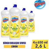 Bingo Sıvı Elde Bulaşık Deterjanı Limon 650 ml x 4 Adet Yoğun Köpük ve Kötü Koku Kontrolü