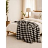 Binna Soft Çift Kişilik Pike 200X240 cm Püsküllü Çok Amaçlı Yatak Örtüsü - Siyah Ekose