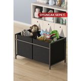 Bino 2 Bölmeli Oyuncak Sepeti Çocuk Odası Oyuncak Düzenleyici Metal Çerçeveli Organizer Raf - Siyah