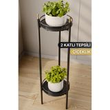 Bino 2 Katlı Siyah Saksılık Organizer Bahçe Balkon Standı Çiçeklik Dekoratif Lüks Metal Servis Tepsi