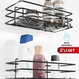 Bino 2li Set Banyo Düzenleyici Paslanmaz Siyah Şampuanlık Duş Rafı 4 Askılı Yapışkanlı