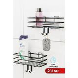Bino 2li Set Banyo Düzenleyici Şampuanlık Mat Siyah Yapışkanlı 4 Askılı Duş Rafı Paslanmaz Organizer