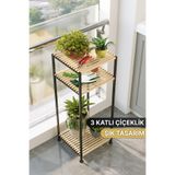 Bino 3 Katlı Paslanmaz Metal Ahşap Saksılık Bahçe Balkon Çiçeklik Organizer 90 cm Çiçeklik Standı