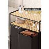 Bino Kirli Sepeti Ahşap Raflı 2 Katlı 2 Bölmeli Kumaş Banyo Dolabı Düzenleyici Çamaşır Sepeti - Siyah