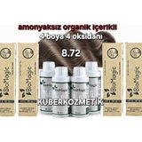 Biomagic 8.72 Açık Küllü Kumral Organik Içerikli Amonyaksız Kalıcı Saç Boyası 4boya +4oksidan
