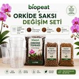 Biopeat Orkide Saksı Değişim Seti 3 Adet Şeffaf Saksı 3 Litre Orkide Toprağı 1 Litre Kil Bilyesi 1 Litre Cocohush
