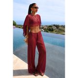 Bipantolon Kadın Bordo Bluz Pantolon Tül Transparan İkili Takım