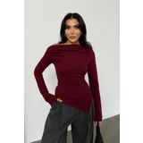 Bipantolon Kadın Bordo Drapeli Kayık Yaka Asimetrik Likralı Örme Bluz