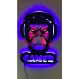 Bir2Bir Hediyelik Ledli Gamer Maymun Ahşap Duvar Tablosu - Gamer Dekor - Yayıncı Dekoru
