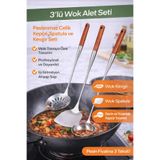 Biradlı 3’lü Wok Seti | Ahşap Saplı Paslanmaz Çelik Wok Kepçe, Spatula ve Kevgir Seti | Mutfak Seti