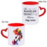 Biresimden Ilk Anneler Günü Hatırası Anne Adayına Anneler Günü Hediyesi Isimli Kalpli Kupa Bardak - Kırmızı - Beyaz