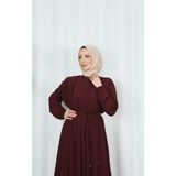 Biritli Bağcıklı Tesettür Elbise Bordo HNT7134 - 40