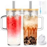 Birity Bambu Kapaklı ve Pipetli Cam Bardaklar,24oz Saplı Bardak,Kapaklı 2 Paket Mason Kavanoz ve Saman Geniş Ağızlı Yeniden Kullanılabilir İçme Bardakları,Boba Kupası Smoothie Tumbler Buzlu Kahve Kupası