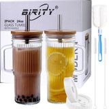 Birity Bambu Kapaklı ve Pipetli Cam Bardaklar,24oz Saplı Bardak,Kapaklı 2 Paket Mason Kavanoz ve Saman Geniş Ağızlı Yeniden Kullanılabilir İçme Bardakları,Kupa Smoothie Tumbler Buzlu Kahve Kupası Seyahat