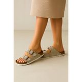 Birkenstocs Unisex Ortopedik Tabanlı Terlik Çift Bantlı Tokalı Günlük Rahat Ev & Dışarı Terliği - Taş - Gri