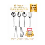 Birpa Premium 6 Parça Paslanmaz Çelik Mutfak Servis Seti – Kepçe, Kevgir, Spatula, Salata Maşası ve Kaşık