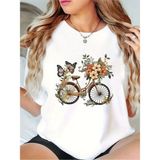Bisiklet Cicek Baskılı Beyaz Oversize Unisex T-Shirt Basic Rahat Kalıp Günlük Tshirt - M