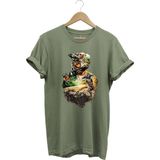 Bisiklet Dağ Tırmanışı Kask ve Bisiklet Orman Detay Tasarım Basklılı %100 Pamuk Regular Fit T-Shirt - XL - Haki