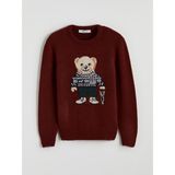 Bisiklet Yaka Ayı Teddy Desenli Erkek Çocuk Triko Kazak - Bordo