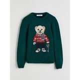 Bisiklet Yaka Ayı Teddy Desenli Erkek Çocuk Triko Kazak - Yeşil
