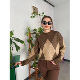 Bisiklet Yaka Baklava Desenli Kadın Kazak - Standart - Kahverengi - Bej