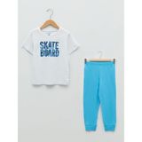 Bisiklet Yaka Baskılı Kısa Kollu Erkek Çocuk Pijama Takımı - Beyaz - Açık Mavi - 7 - 8 Yaş