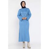 Bisiklet Yaka Çiçek Figürlü Tesettür Triko Elbise P-00018363 - Mavi - Standart