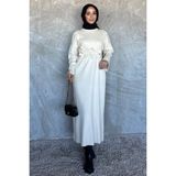 Bisiklet Yaka Çiçek Figürlü Tesettür Triko Elbise P-00018363 - Taş - Standart